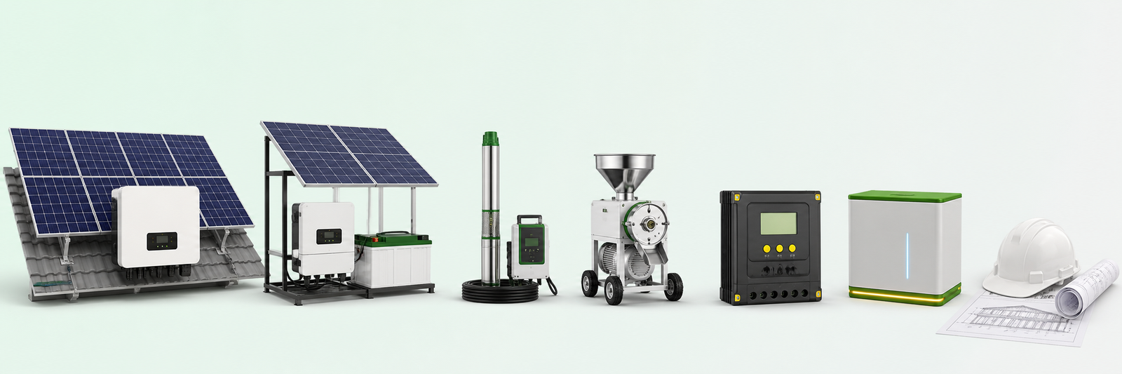 Solera solar product range including panels, inverter, pump, atta chakki, controller and battery