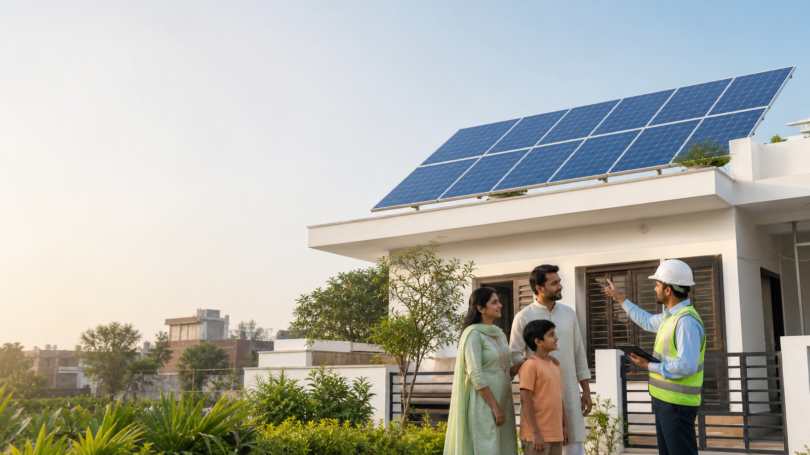 Indian family and Solera engineer beside a home with rooftop solar panels